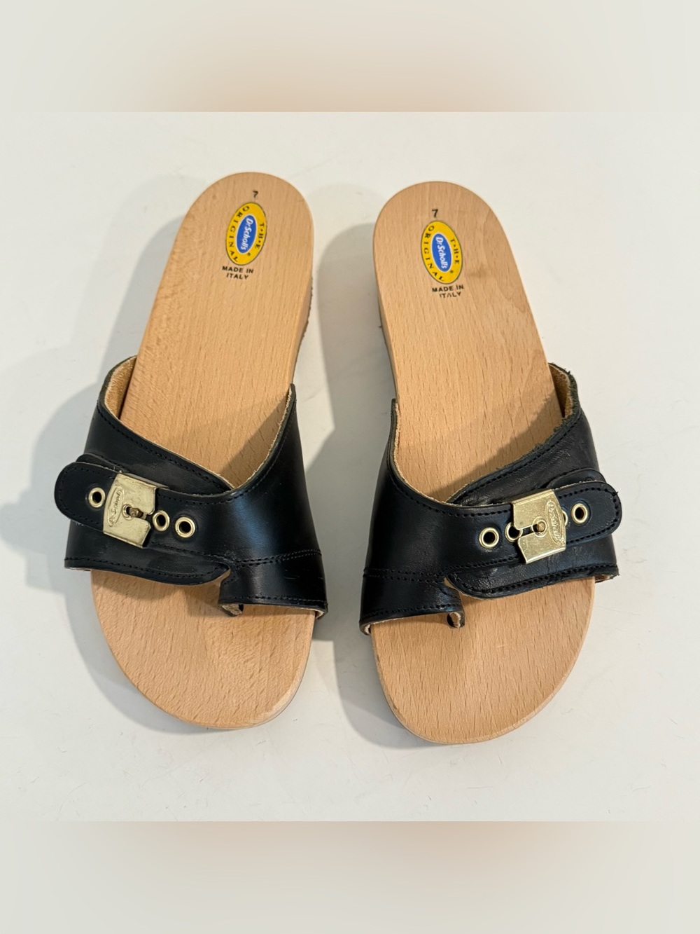 Dr Scholls Toe Loop Wooden Exercise Sandal Black Leather Made in Italy Womens 7